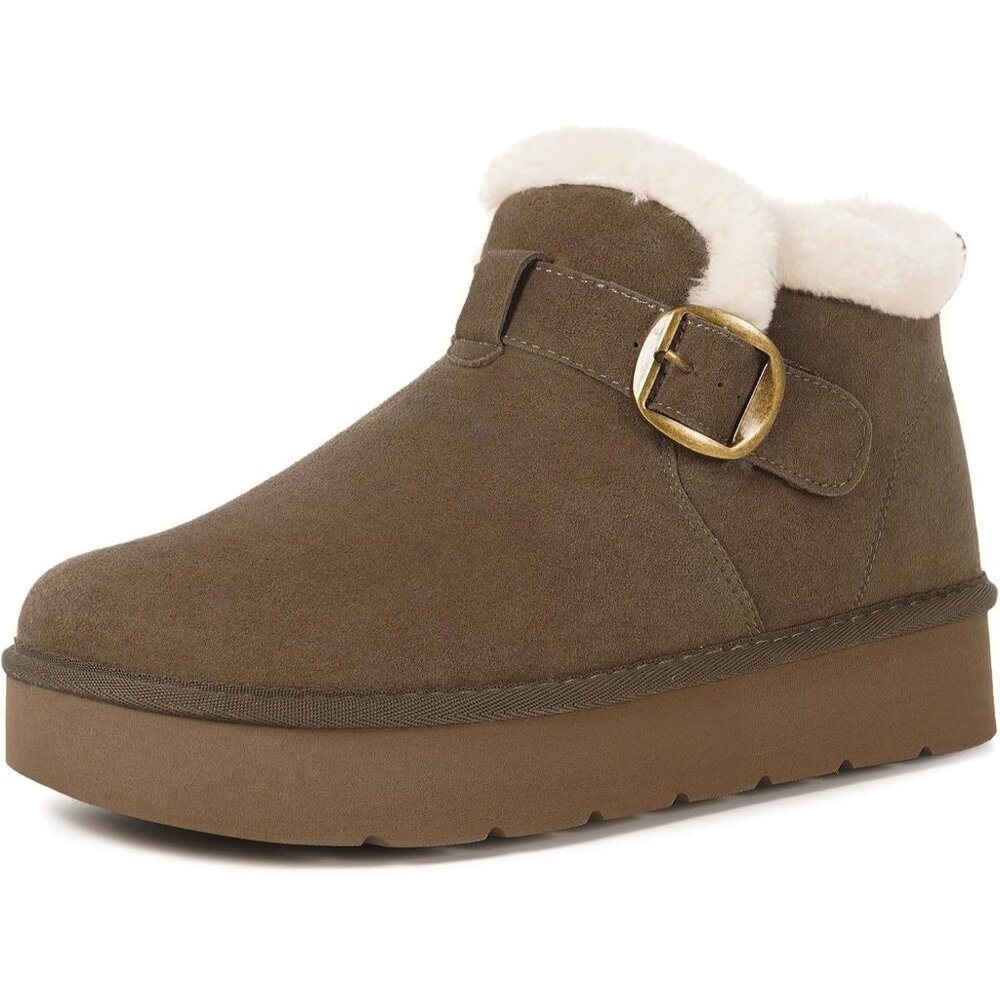 Women's Snow Winter Warm Hook Loop Dark Brown Ankle Faux Fur Lining Booties